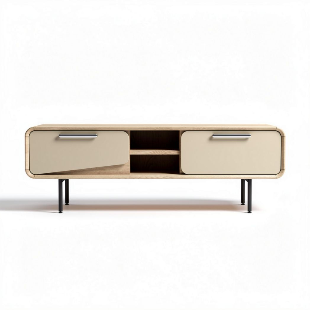 Wooden TV stand with storage compartments in light beige 150 x 40 x 45cm