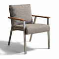 Outdoor patio chair with grey fabric cushion and wooden armrests 60 x 70 x 80cm
