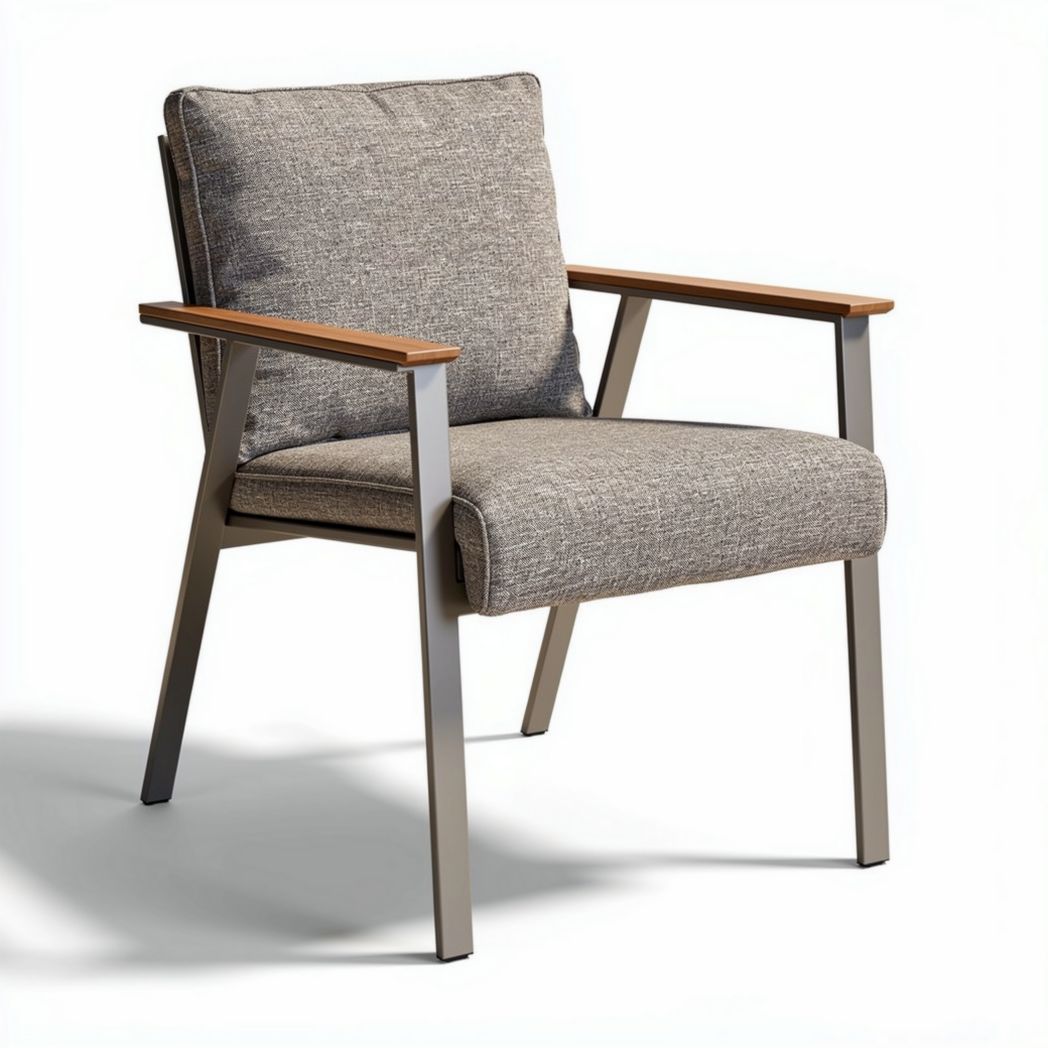Outdoor patio chair with grey fabric cushion and wooden armrests 60 x 70 x 80cm