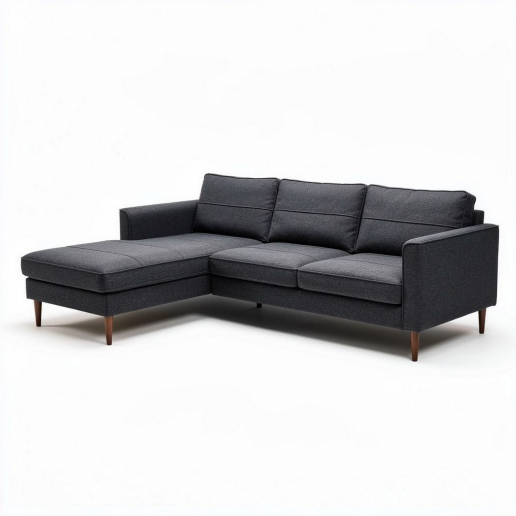 Modern sectional sofa in dark gray fabric with wooden legs 220 x 100 x 85cm