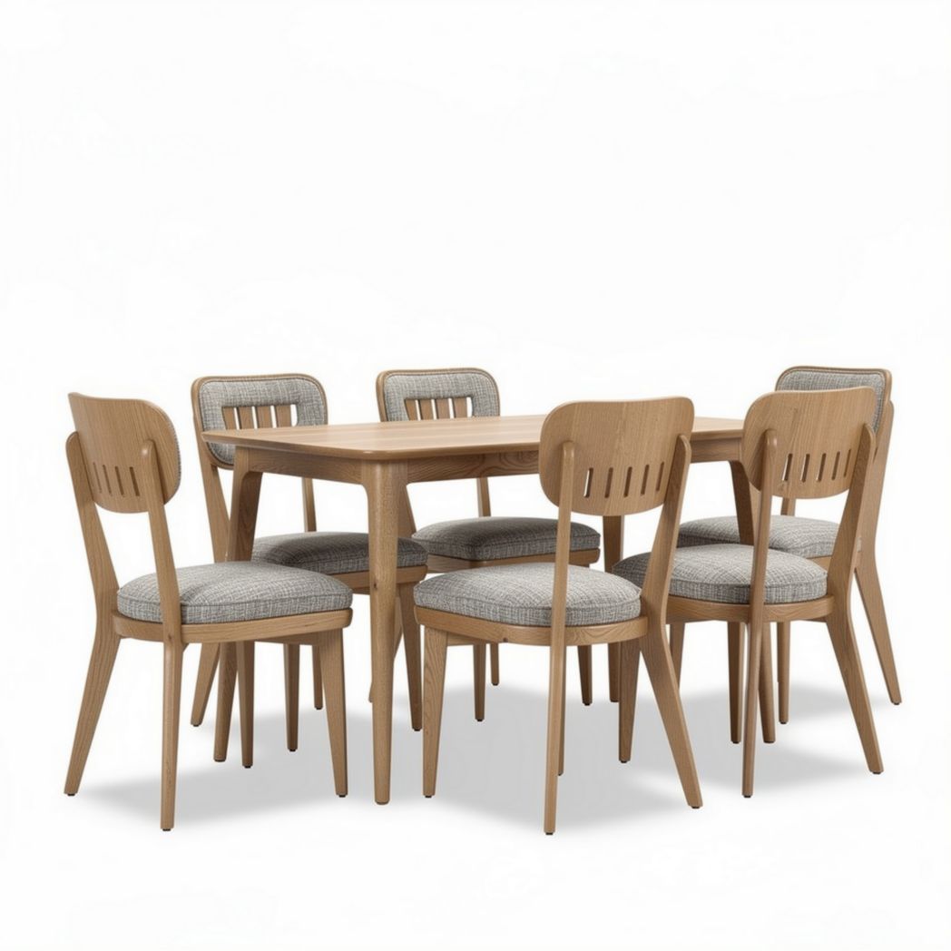 Wooden dining table set with six upholstered chairs and natural finish
