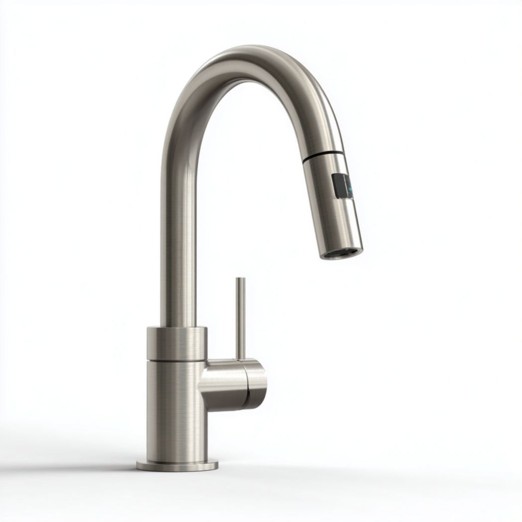 Matte black kitchen faucet with brass accents and single handle design