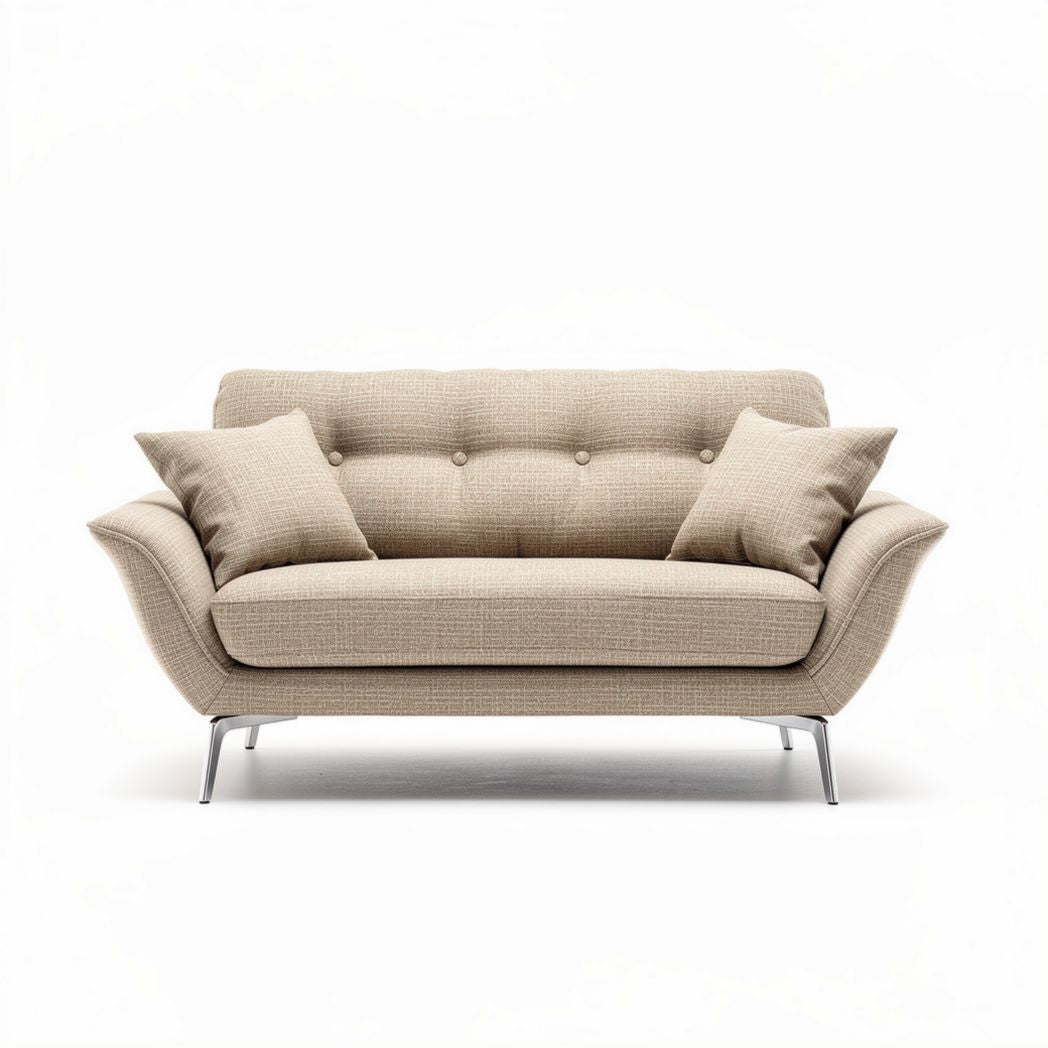 Beige fabric loveseat with sleek metal legs and two accent pillows